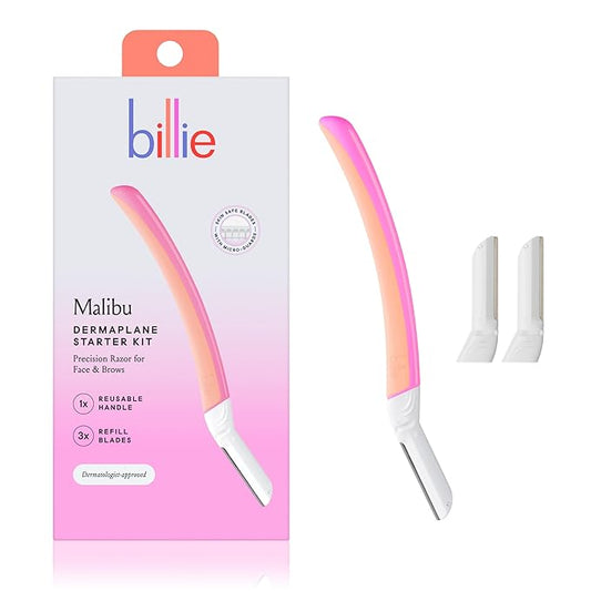 TheAward-WinningRazor Shaving & Grooming Sets – Billie - Dermaplane Starter Kit - Reusable Handle + 3 Refill Blades - Remove Facial Hair + Perfectly Shape Brows - Dermatologist-Approved - Malibu