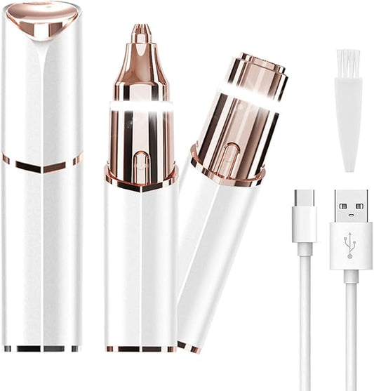 glowtalebaeuty Eyebrow Trimmers – Facial Hair Removal Eyebrow Trimmer - Facial Shaver Device 2 in 1 Remover for Face Peach Fuzz Eyebrow Nose Ear Hair Chin Lips Armpit with LED Light Rechargeable for Women Men Travel Size (White)