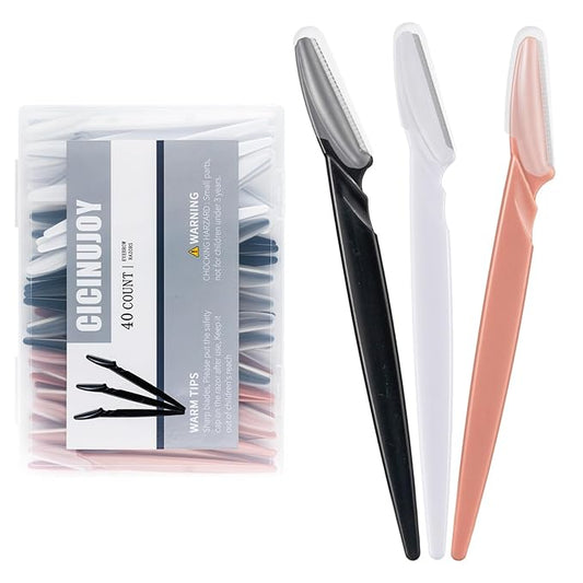 CICINUJOY Disposable Razors – 40pcs Eyebrow Razor for Women, Face Shaver Kit Dermaplaning Tool for Peach Fuzz Removal, Stainless Steel Blades with Protective Covers | Eyebrow Trimmer, Facial Hair Removal(Black White Brown)