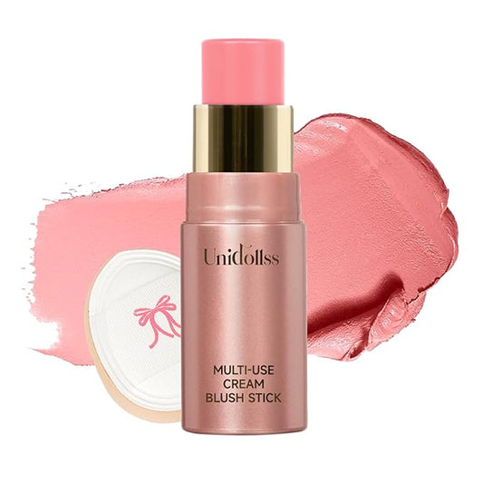 Unidollss Blush – Multi-Use Makeup Cream Blush Stick, Unidollss 3-in-1 Buildable Powder Blush Stick for Cheeks, Eyes, and Lips, Hydrating formula, All day wear, Easy Application with Thumb Puff Included (01 WHISPER)
