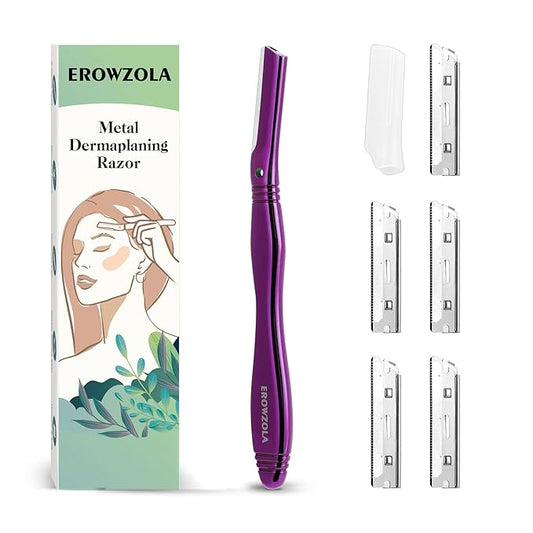 EROWZOLA Razor Blades & Cartridges – Dermaplane Razor for Women Face with 6 Refill Blades, Dermaplaning Tool Face Razors for Removes Facial Hair, Peach Fuzz, Reusable Metal Handle Eyebrow Razor (Purple)