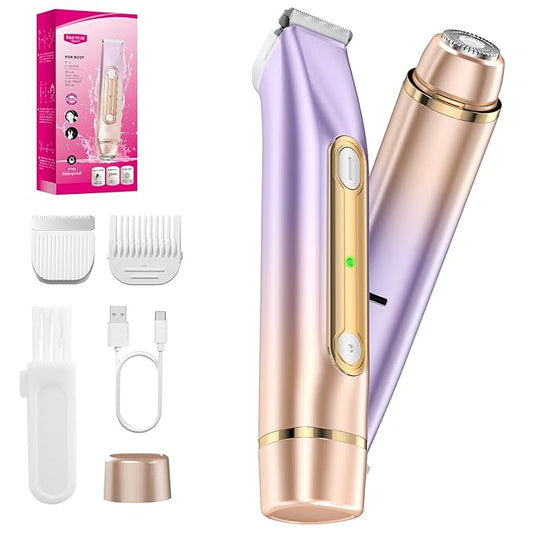 PVBKZ Bikini Trimmers – 2 in 1 Bikini Trimmer for Women, Dual Head Electric Razor, IPX7 Waterproof Wet/Dry Use Women Electric Shaver, Painless Body Facial Hair Remover for Bikini Legs Arm Underarm, Rechargeable