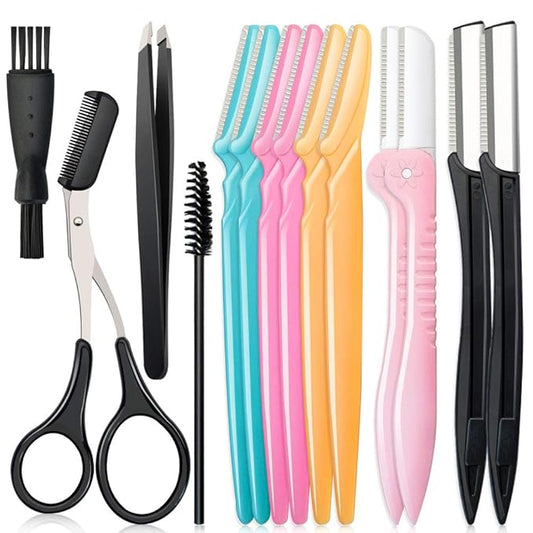 Spaidoon Disposable Razors – 14 in 1 Eyebrow Razor Kit, Professional Dermaplane Face Razor for Women, Eyebrow Trimmer for Hair & Peach Fuzz Remover, Face Shavers for Women with Tweezers/Scissors/Clipper/Spoolie Brush