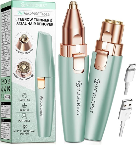 VGVOGCREST Eyebrow Trimmers – Eyebrow Facial Trimmer: 2 in1 Rechargeable Facial Hair Removal and Eyebrow Shaver - Face Lips Body Painless Facial Razor with Built-in LED Light (Pastel Green)