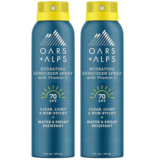 OarsAlps Body Sunscreens – Oars + Alps Sunscreen Spray for Face & Body, SPF 70 Spray Sunscreen Infused with Vitamin C & Antioxidants, No White Residue, Water & Sweat Resistant, All Skin Types, Lightweight, Hydrating, 6oz, 2pk