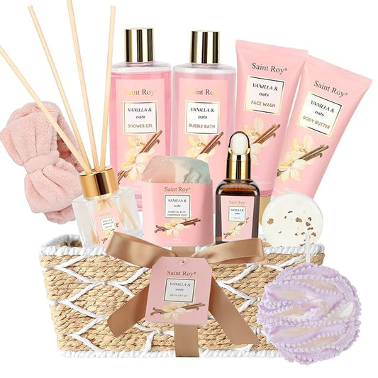 SaintRoy Sets & Kits – Bath and Body Gift Baskets for Women, 12 Pcs Vanilla Oat Spa Gifts for Women