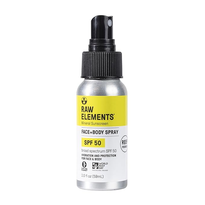 Raw Elements Face + Body Spray SPF 50 All-Natural Mineral Sunscreen - Reef Safe, Water Resistant, Broad Spectrum UVA/UVB Protection, Safe For All Ages, Travel Size 2oz
