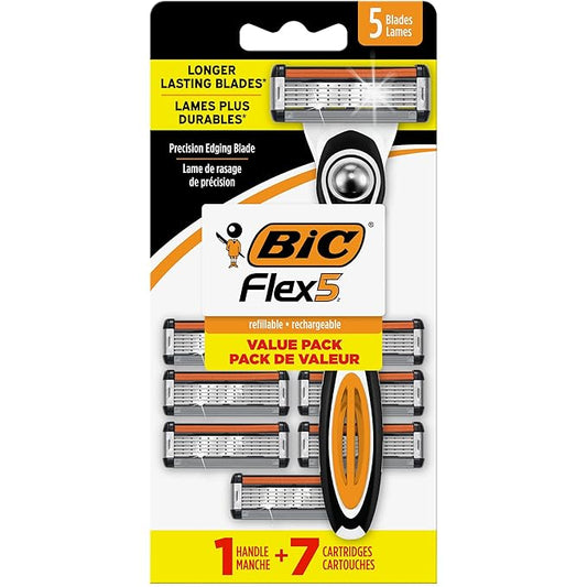 BIC Cartridge Razors – BIC Flex 5 Refillable Men's Razor, Father's Day Gift Set with 5 Blade Razors, 1 Handle and 7 Cartridges for Smooth Shaving