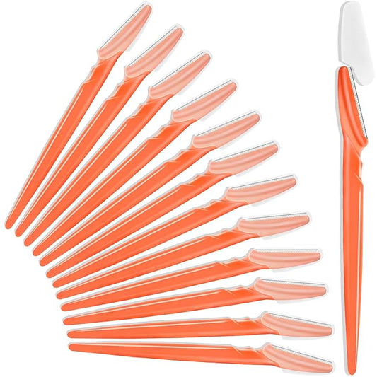 HFATMOS Disposable Razors – 12 Pcs Eyebrow Razors, Face Razors Multipurpose, Exfoliating Dermaplaning Tools, Eyebrow Trimmers Shaver with Safety Cover, Facial Hair Removal for Women Men Body Use (Orange-red)