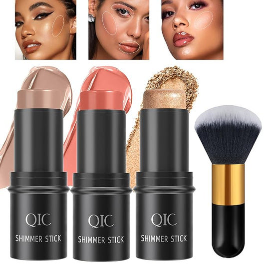 3 Pcs Contour Highlighter Stick Cream Blush for Set（Send brushes）