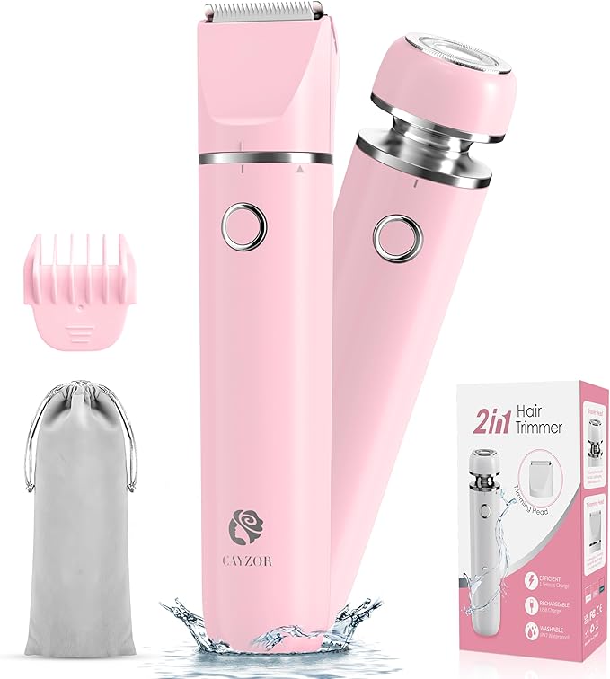 Cayzor Bikini Trimmers – Bikini Trimmer and Shaver Kit for Women - 2-in-1 Wet/Dry Electric Body Hair Trimmer Facial Hair Removal Cordless Waterproof Bikini Shaver Razor for Face Lip Chin Pubic Underarm Legs