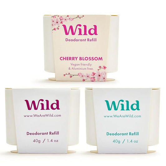 Wild Deodorant – Wild - Refillable Deodorant Variety Pack - Aluminum Free - Scents Include Fresh Cotton & Sea Salt, Cherry Blossom and Coconut & Vanilla - Long Lasting Protection