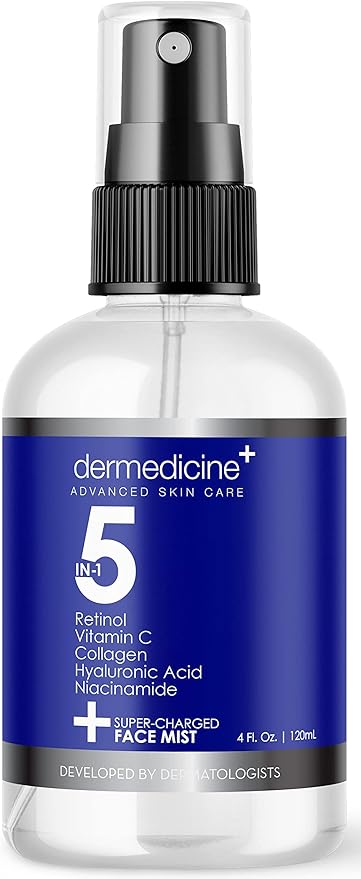Dermedicine Toners & Astringents – 5 in 1 Super Charged Anti-Aging Face Mist w/Retinol, Vitamin C, Collagen, Hyaluronic Acid & Niacinamide | Hydrates, Refreshes & Brightens for a More Glowing Complexion | 4 fl oz, 120 ml