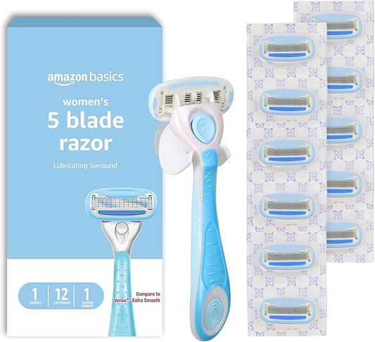 AmazonBasics Cartridges – Amazon Basics 5-Blade Razor Handle for Women, Includes 12 Cartridges and Shower Hanger, 14 Piece Set, Blue
