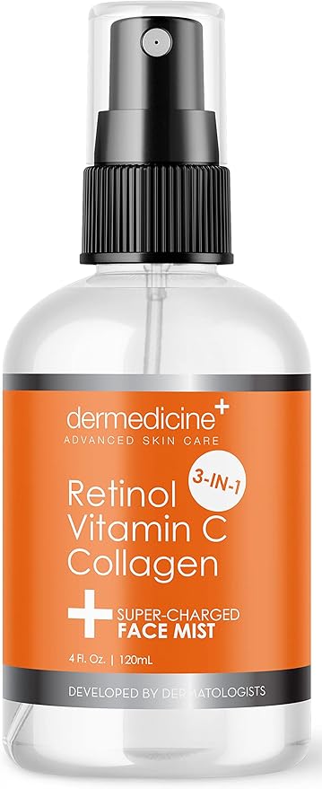 Dermedicine Toners & Astringents – 3 in 1 Super-Charged Anti-Aging Face Mist w/Retinol, Vitamin C + Collagen | Hydrates, Refreshes & Brightens for a More Glowing Complexion | 4 fl oz, 120 ml