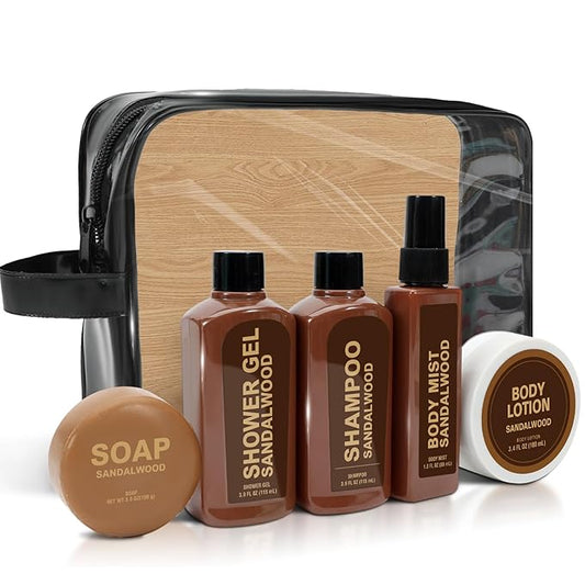 BODYEARTH Sets & Kits – Gift Sets for Men Bath and Body Mens Gifts 6pcs Sandalwood Travel Size sets with Shampoo, Shower Gel, Soap, Body Lotion, Birthday Gifts for Men, Self Care Fathers Day Gifts