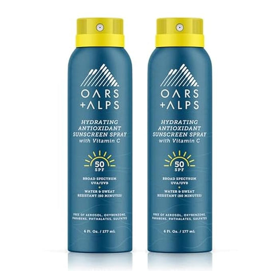 OarsAlps Body Sunscreens – Oars + Alps Sunscreen Spray for Face & Body, SPF 50 Spray Sunscreen Infused with Vitamin C & Antioxidants, No White Residue, Water & Sweat Resistant, All Skin Types, Lightweight, Hydrating, 6oz, 2pk