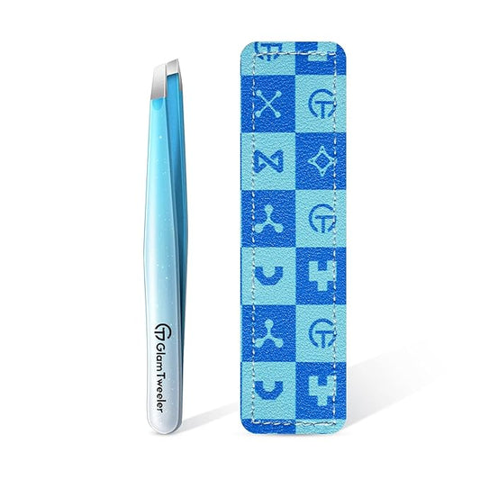 glowtalebaeuty Tweezers – Expert Slant Tip Tweezers with Leather Case, GlamTweeler Sharp & Precision Stainless Steel Tweezer for Eyebrows, Facial Hair and Fine Hairs Removal (Sparkle Blue & Silver)