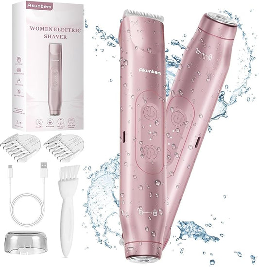 Akunbem Bikini Trimmers – 2 in 1 Women Electric Shaver Dual Head Bikini Trimmer for Women IPX7 Waterproof Wet & Dry Use Body Hair Trimmer and Facial Hair Remover for Bikini Underarm Leg Arm Body Face, Pink