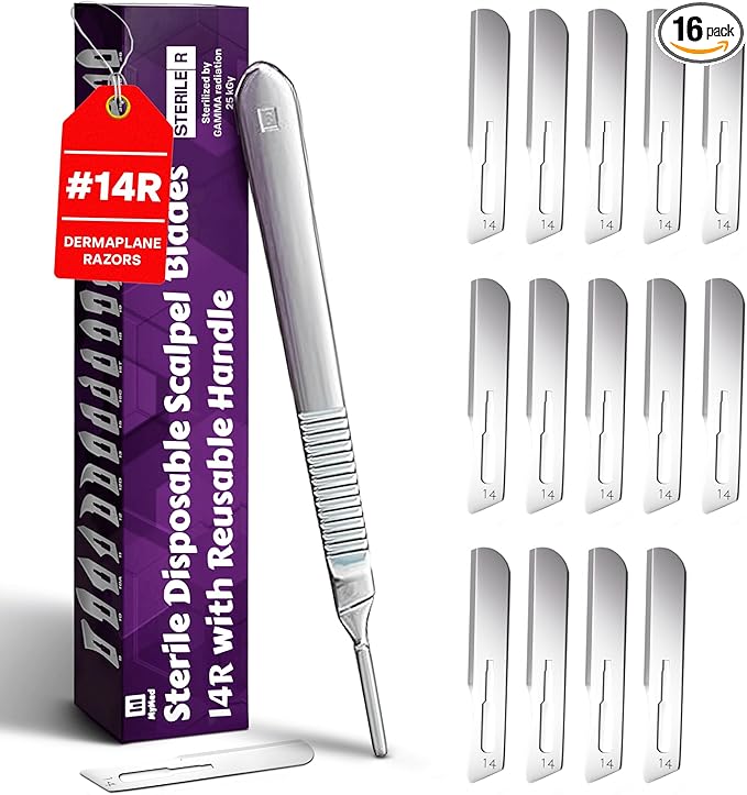 MyMed Lab Knives & Scalpels – #14R Blades Dermaplaning Scalpels with Dermaplane Handle - Pack of 15 Dermaplane Razor for Women Face + Dermaplane Handle #3, Dermaplaning Tool for Face
