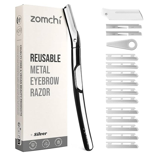 ZOMCHI Razors & Blades – ZOMCHI Eyebrow Razor and Face Razor for Women and Men, Reusable Metal Handle with 11 Refill Blades, Dermaplane Razor with Protective Silicone Cap, Eyebrow Hair Trimmer - Polished Silver