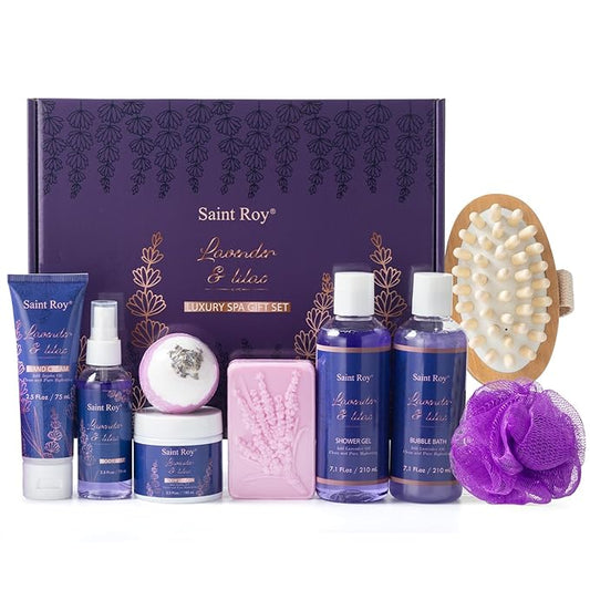 SaintRoy Sets & Kits – Bath and Body Gift Basket for Women and Men - Lavender Relaxing Spa Set With Massage Body Rush, Bath Bomb - Birthday Gifts for Her, Mom - Unique Self Care Idea