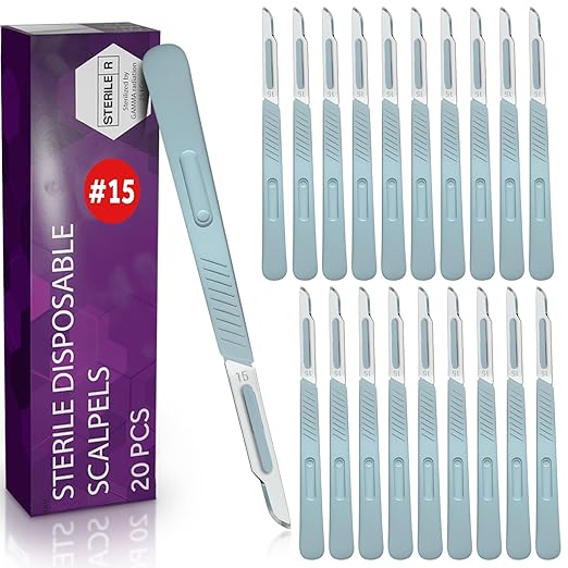 MyMed Disposable Razors – Disposable #15 Scalpel Blades, Sterile Pack of 20 Dermaplaning Blades with Plastic Scalpel Handle, Surgical Knife Scalpel for School Science, High Carbon Steel Dermablade Surgical Blades