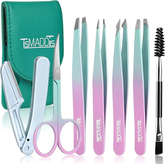TsMADDTs Tweezers – TsMADDTs 7PCS Tweezers for Women Facial Hair, Precision Tweezer Set for Eyebrows with Curved Scissor and Eyebrow Razor for Ingrown Hair