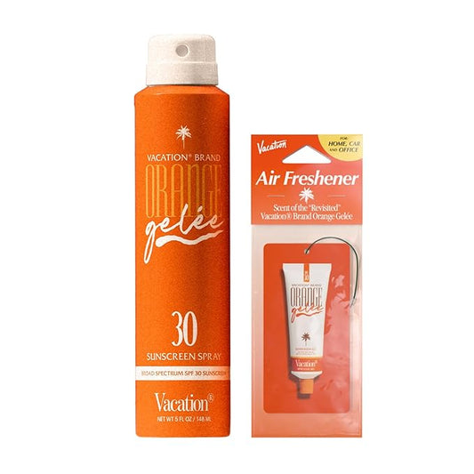 Vacation Body Sunscreens – Vacation Orange Gelée SPF 30 Sunscreen Spray Oil & Air Freshener Bundle, Tanning Oil with SPF, Suntan Lotion Spray, Transparent on All Skin Tones, Dermatologist-Tested, Vegan, 5 Fl