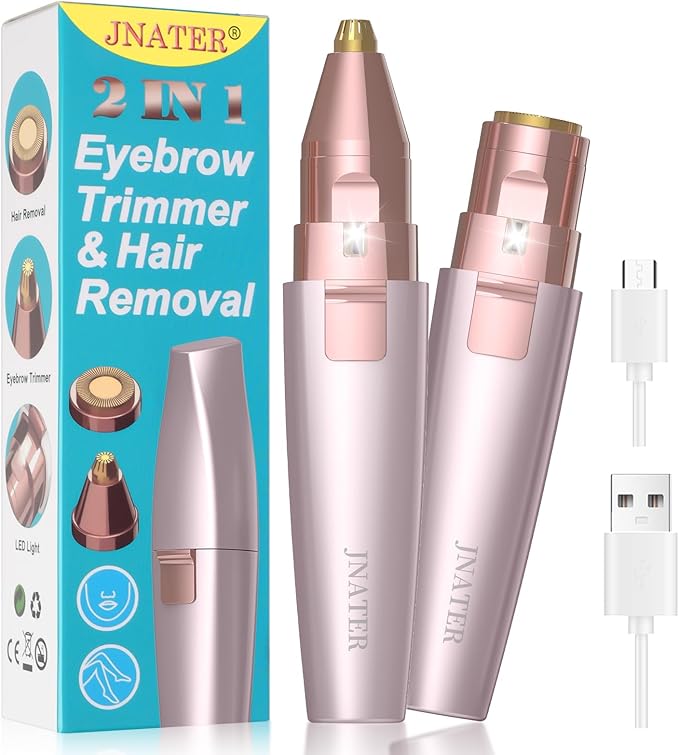 JNATER Eyebrow Trimmers – Eyebrow Facial Hair Remover - 2 in 1 Rechargeable Eyebrow Trimmer and Facial Hair Removal for Women, Painless Electric Hair Removal Device with LED Light for Face Eyebrows Peach Fuzz Lip Body