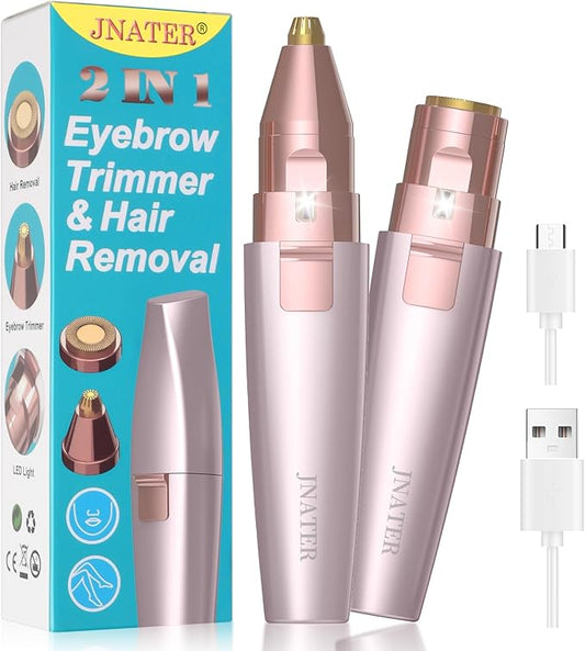 JNATER Eyebrow Trimmers – Eyebrow Facial Hair Remover - 2 in 1 Rechargeable Eyebrow Trimmer and Facial Hair Removal for Women, Painless Electric Hair Removal Device with LED Light for Face Eyebrows Peach Fuzz Lip Body