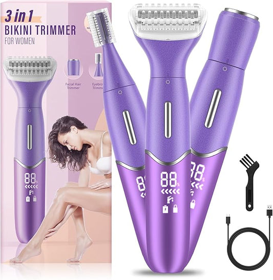 Yinowt Bikini Trimmers – Bikini Trimmer for Women, 3 in 1 Painless Electric Razors for Women, Replaceable Lady Facial Razor & Eyebrow Trimmer, Rechargeable Women's Grooming Kit