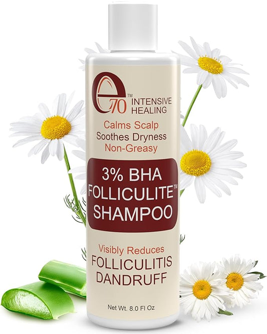 e70IntensiveHealing Shampoos – 3% BHA Folliculitis Shampoo - Clarifying Shampoo with Salicylic Acid, Tea Tree Oil & Chamomile Extracts - Ideal for Flaky, Irritated & Dry Itchy Scalp, 8 fl