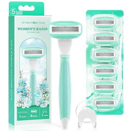 DreamGenius Cartridge Razors – DreamGenius Razors for Women Include 1 Non-Slip Handles and 7 Blade Refills with a Shower Holder, 5 Premium Blades Women's Razors for Shaving with 360° Lubrication Reduces Irritation, Green