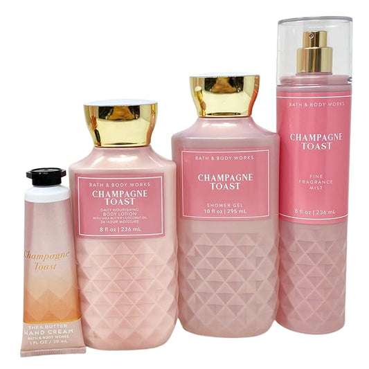 Bath+%26+Body+Works Sets & Kits – Bath and Body Works CHAMPAGNE TOAST Gift Bag Set - Body lotion - Shower Gel and Fine Fragrance Mist Plus a Shea Butter Hand Cream arranged inside a transparent gift bag