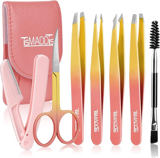 TsMADDTs Tweezers – TsMADDTs 7PCS Tweezers Set for Women Facial Hair, Precision Tweezer for Eyebrows with Curved Scissor and Eyebrow Razor for Ingrown Hair, Pink&Yellow