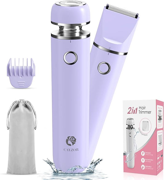Cayzor Bikini Trimmers – Bikini Trimmer and Shaver Kit for Women - 2-in-1 Wet/Dry Electric Body Hair Trimmer Facial Hair Removal Cordless Waterproof Bikini Shaver Razor for Face Lip Chin Pubic Underarm Legs (Purple)
