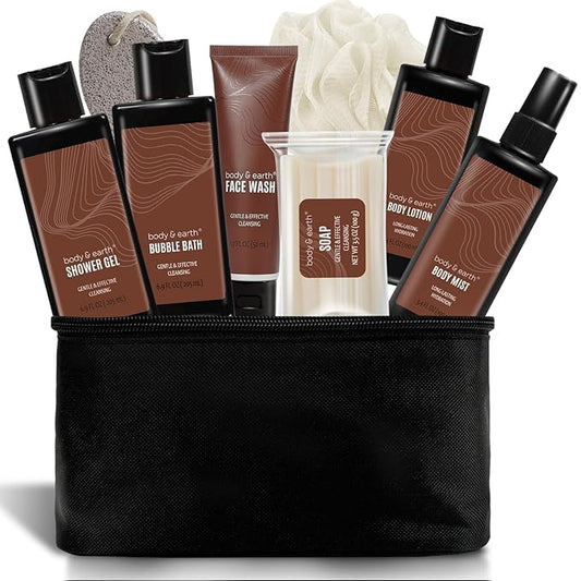 BODYEARTH Sets & Kits – Bath and Body Gift Baskets for Men Body & Earth Sandalwood Mens Bath Set with Body Lotion, Face Wash, Shower Gel, Bubble Bath, Loofah & More, Gift Set for Men,regalos para hombre,Christmas Gifts