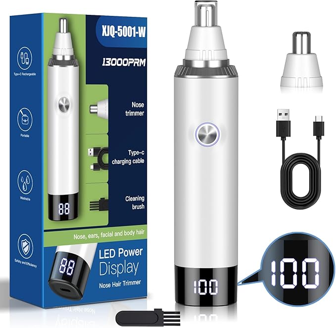 Ginity Nose & Ear Hair Trimmers – Ear & Nose Hair Trimmer with LED Display for Men Women,Painless USB Rechargeable Eyebrow & Facial & Nose Hair Trimmer Clipper,Professional IPX7 Waterproof Dual Edge Blades 12,000 RPM (White)