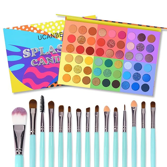 UCANBE Eyeshadow – UCANBE 54 Colors Splashy Candies Eyeshadow Palette + 15pcs Makeup Brush Set, Highly Pigment Matte Metallic Shimmer Glitter Eye Shadow Bright Color Long Lasting Waterproof Easy Blending Make Up Pallet