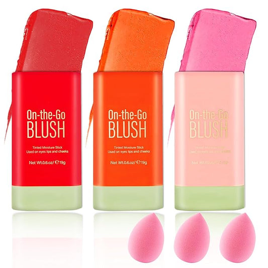 JunKuJK Blush – Cream Blush Sticks for Cheeks Gift Set with Makeup Sponges,Lightweight Solid Makeup Blush Stick,Waterproof Cheek Blusher Moisturizer Sticks,Multi-Use Face Stick Kit for Lips,Cheeks and Eyes
