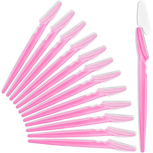 HFATMOS Disposable Razors – 12 Pcs Eyebrow Razors, Face Razors Multipurpose, Exfoliating Dermaplaning Tools, Eyebrow Trimmers Shaver with Safety Cover, Facial Hair Removal for Women Men Body Use (Pink)