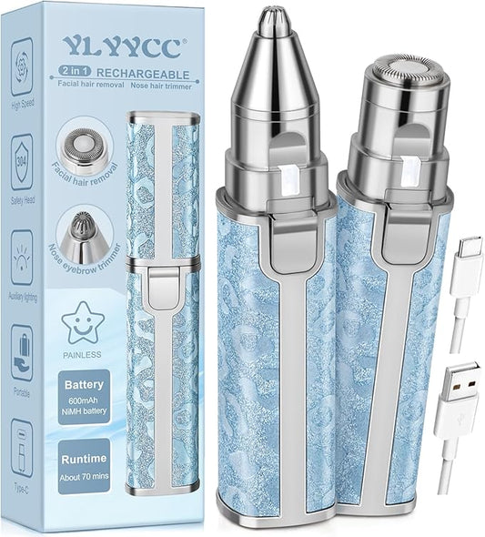 YLYYCC Personal Groomers – Facial Hair Remover for Face Lip, Electric 2 in 1 Face Shaver and Eyebrow Trimmer, Rechargeable Blue Nose Hair Trimmer for Women with Built-in LED Light
