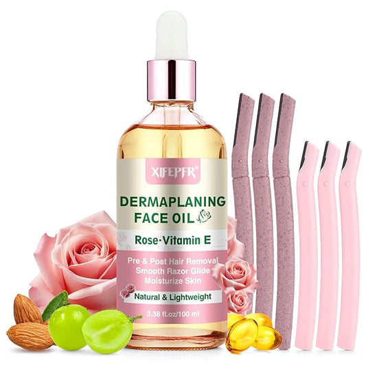 XIFEPFR Shaving & Grooming Sets – Dermaplaning Kit, Rose & Vitamin E Oil, Shave Oil with Dermaplaning Tools for Women, Facial Razor, Eyebrow Razor, Softens Area Pre Shave & After Shave