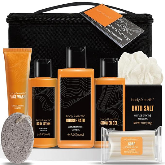 BODYEARTH Sets & Kits – Body & Earth Gift Baskets for Men Bath Set Citrus Scented Bath and Body Gift Set with Body Lotion, Face Wash, Shower Gel, Bubble Bath, Loofah, Birthday Fathers Day Gifts