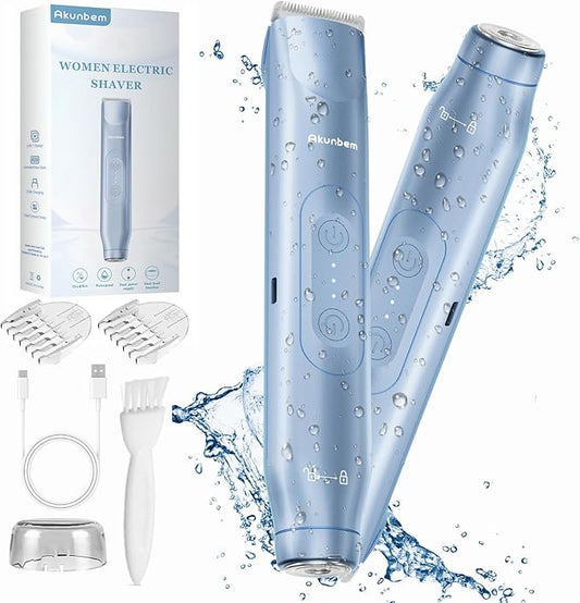 Akunbem Foil Shavers – 2 in 1 Women Electric Shaver Dual Head Bikini Trimmer for Women IPX7 Waterproof Wet & Dry Use Body Hair Trimmer and Facial Hair Remover for Bikini Underarm Leg Arm Body Face, Blue