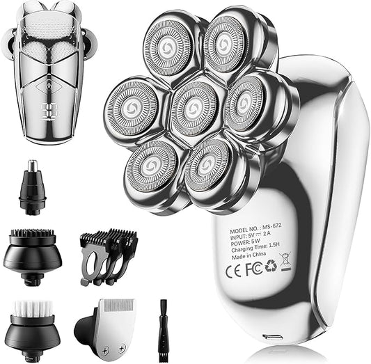SHPAVVER Rotary Shavers – Detachable Head Shavers, SHPAVVER 5 in 1 Electric Razor IPX7 Waterproof for Bald Men, Wet Dry LED Display Rechargeable 7D Rotary Shaver Grooming Kit with Type C Charge A，Bright Silver