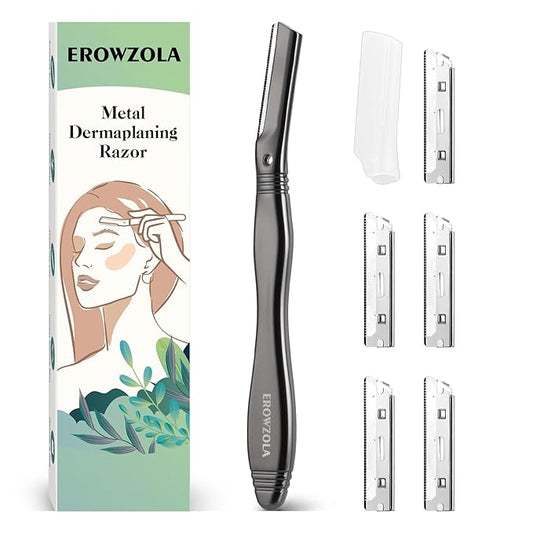 EROWZOLA Disposable Razors – Dermaplane Razor for Women Face with 6 Refill Blades, Dermaplaning Tool Face Razors for Removes Facial Hair, Peach Fuzz, Reusable Metal Handle Eyebrow Razor (Black)