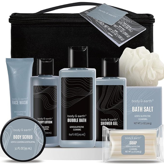 BODYEARTH Sets & Kits – Gift Baskets for Men Body Wash Set Body & Earth Leathers Mens Bath Set with Body Lotion, Face Wash, Shower Gel, Bubble Bath, Loofah & More, Birthday Gifts for Men,regalos para hombre,Christmas Gifts