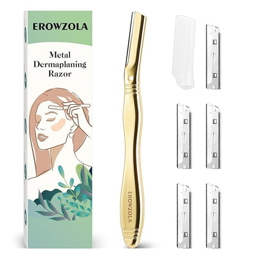 EROWZOLA Disposable Razors – Dermaplane Razor for Women Face with 6 Refill Blades, Dermaplaning Tool Face Razors for Removes Facial Hair, Peach Fuzz, Reusable Metal Handle Eyebrow Razor (Royal Gold)